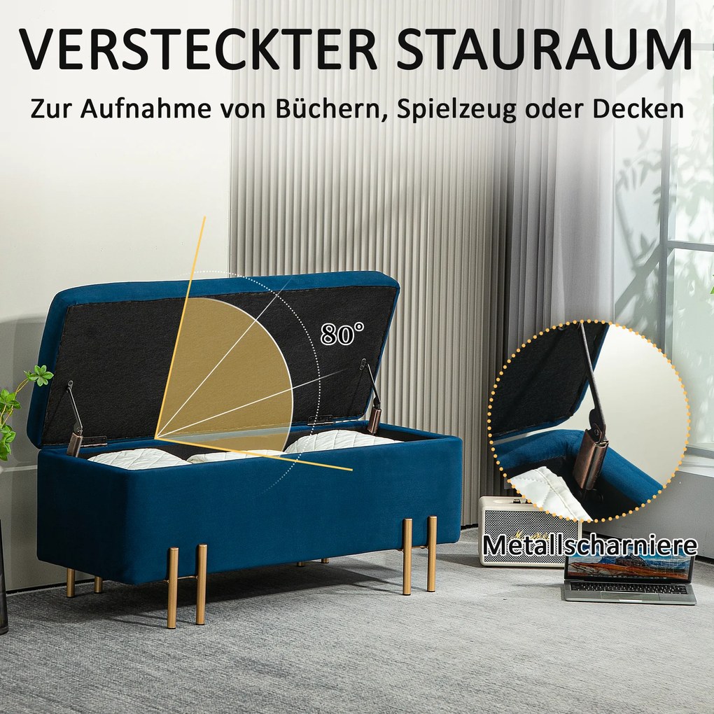 HOMCOM Ławka Tapicerowana z Miejscem do Przechowywania, Metal, Drewno Gumowe, Pianka, 100 x 40 x 42 cm, Granatowa