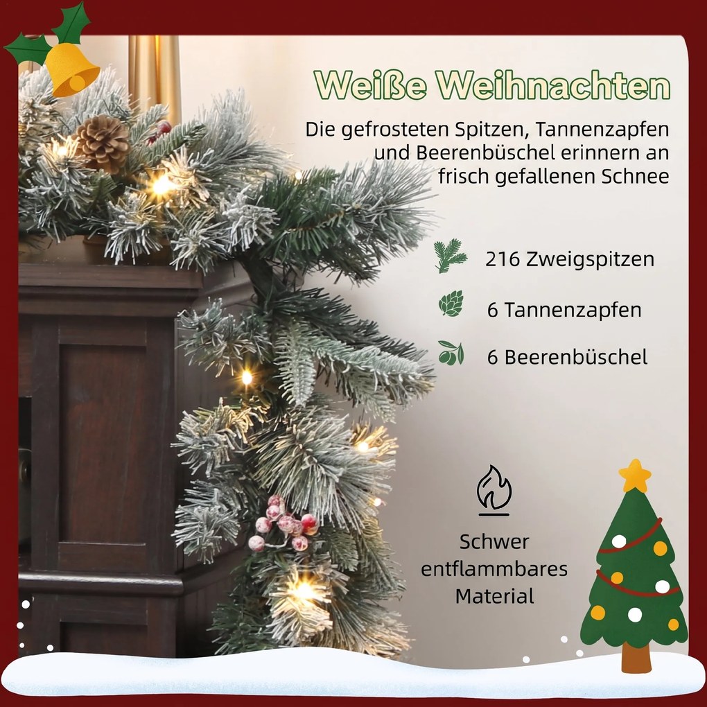 HOMCOM Girlanda świąteczna z 216 obsypanymi śniegiem gałązkami, 50 lampkami LED, Ø25x180 cm, zielona i biała | Aosom PL