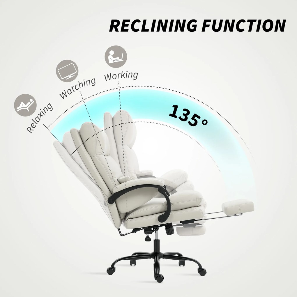 HOMCOM Fotel biurowy regulowany wysokościowo krzesło do biurka z podparciem lędźwiowym, podłokietnikami, podpórką na stopy, z ekoskóry, jasnoszary
