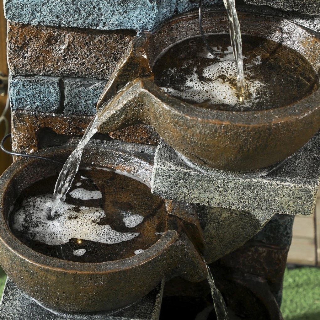 Outsunny Fontanna Ogrodowa, Styl Ceglanym, 5-stopniowa, Zasilana Słonecznie, Diodami LED, 107cm, Żywica Syntetyczna, Szary/Brąz