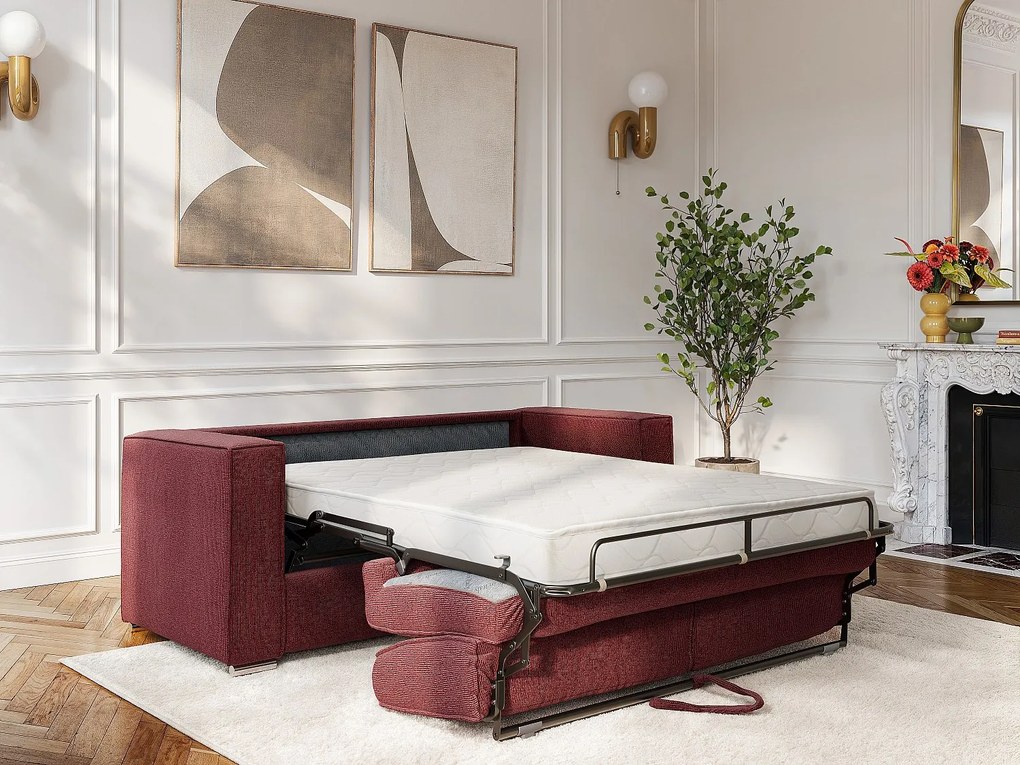 Kanapa 4-osobowa rozkładana typu express z tkaniny szenilowej w kolorze bordowym- Powierzchnia spania 160 cm - Materac 14 cm LORETO