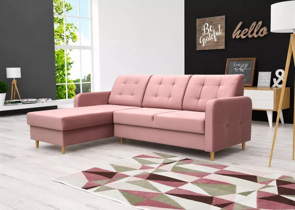 Stylowy tapicerowany narożnik Pink z funkcją spania i pojemnikiem na pościel