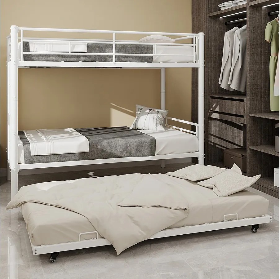 Łóżko piętrowe 90 x 190 cm - Łóżko dziecięce z drabinką i barierkami bezpieczeństwa - z 90 x Łóżko wysuwane 190 cm - biały metal - bez materaca