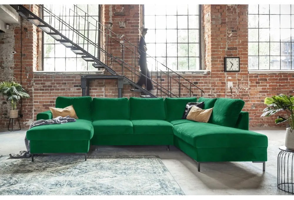 Zielona aksamitna rozkładana sofa w kształcie litery "U" Miuform Lofty Lilly, prawostronna