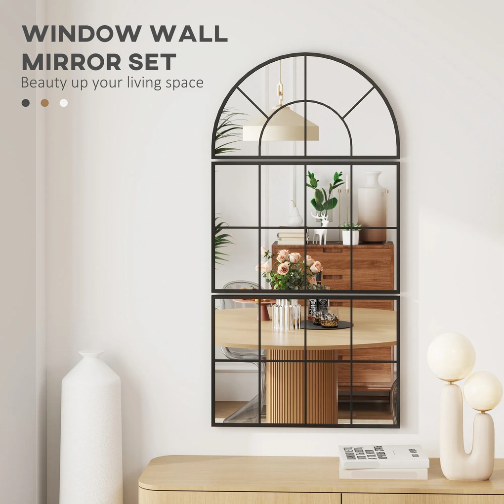 HOMCOM Lustrzany Panel ścienny, Lustra Okienne, Trzyczęściowe, z Metalową Ramą, 76 x 53 cm, Czarny