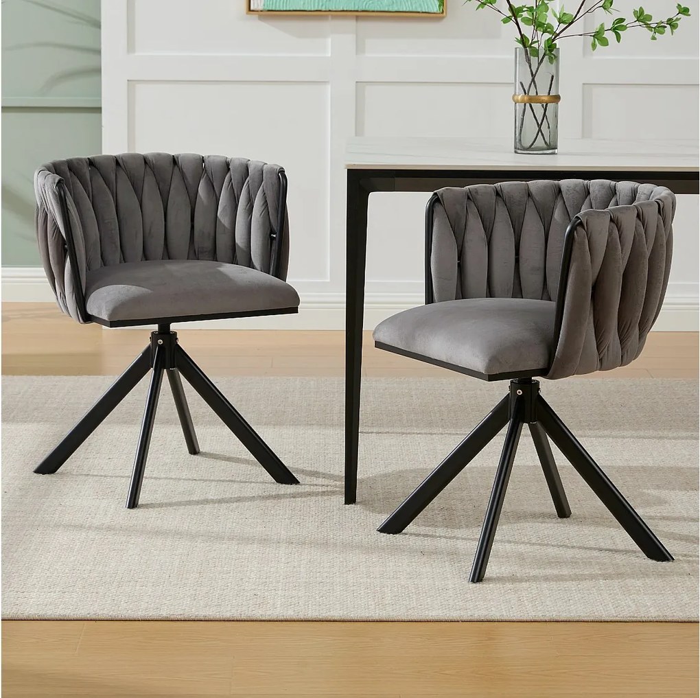 Zestaw 2 krzeseł do jadalni z szarego aksamitu z funkcją obrotową i czarnymi metalowymi nogami