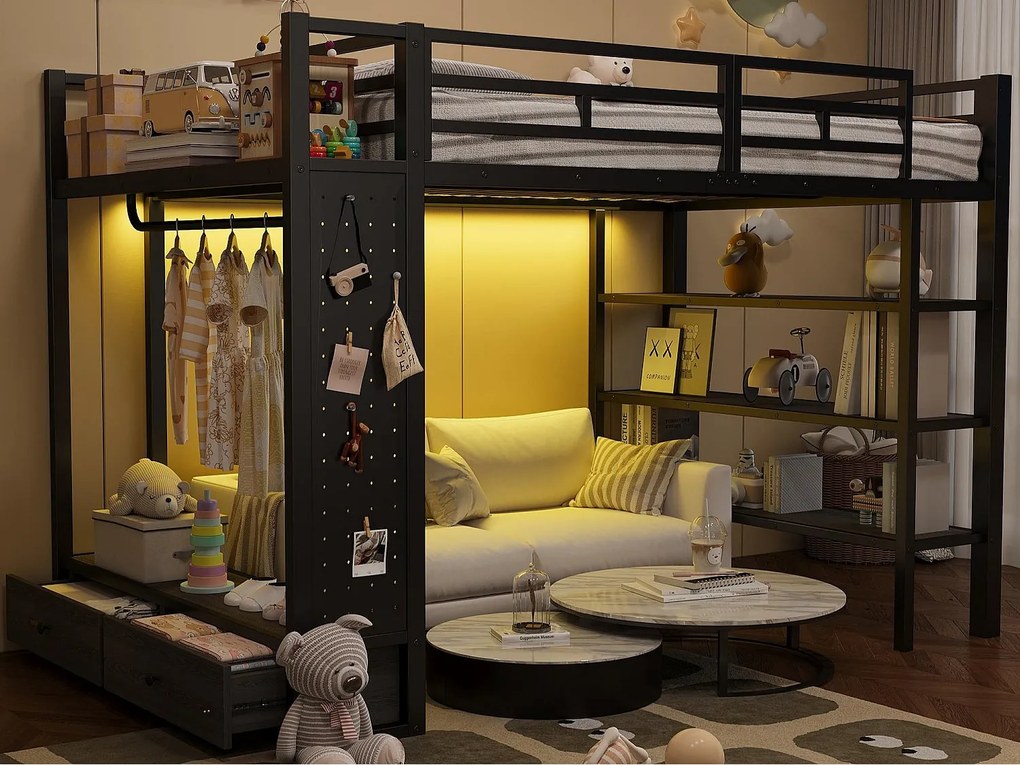 Łóżko na antresoli metalowe 140x200cm z LED - Otwarta szafa i 2 szuflady - Półki + panele do przechowywania - Czarny​ (bez materaca)