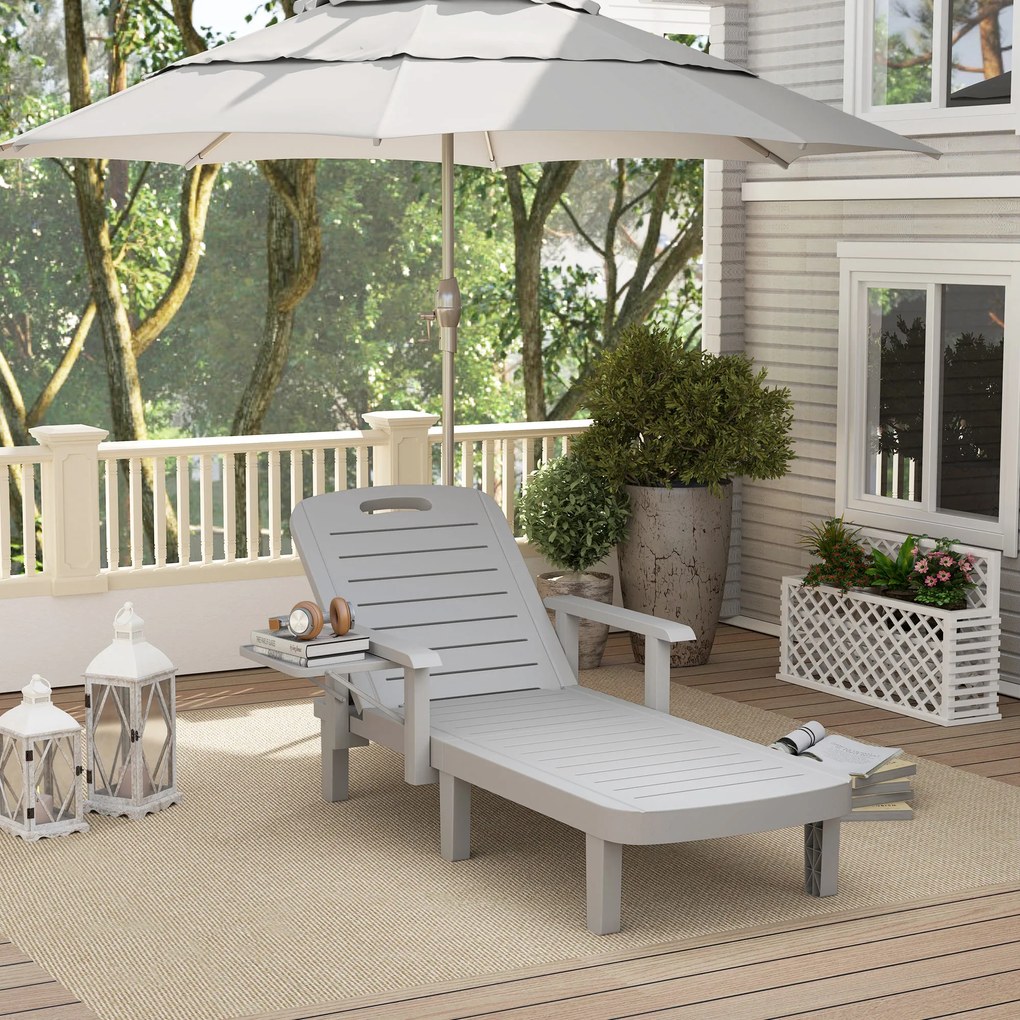 Outsunny Leżanka Ogrodowa z Bocznym Stolikiem i Regulowanym Oparciem, Jasnoszara