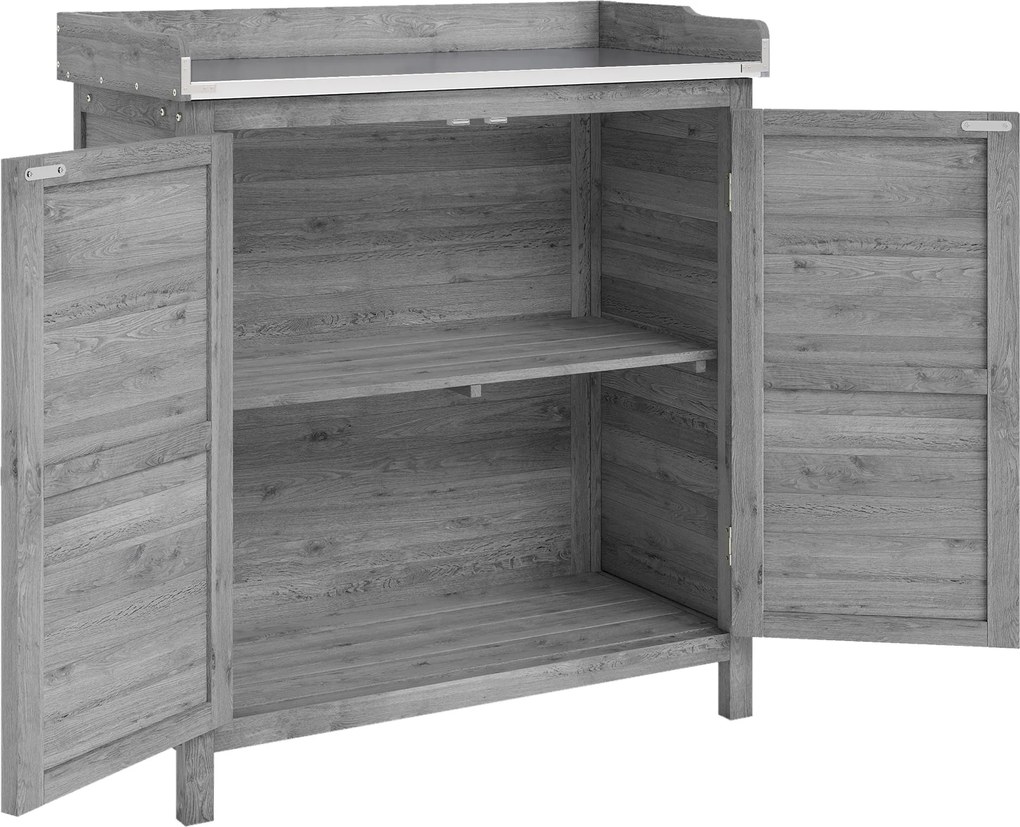 Outsunny Stół do przesadzania z szafką z drewna, ogrodowa szafka z ocynkowanym blatem, 2 półki, szary | Aosom PL