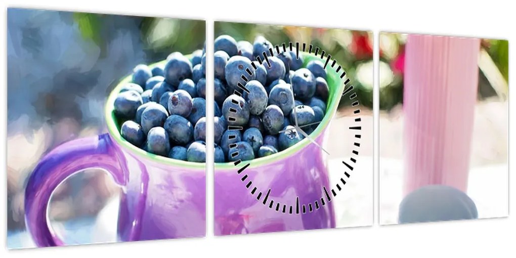 Obraz - jagody w filiżance (z zegarem) (90x30 cm)