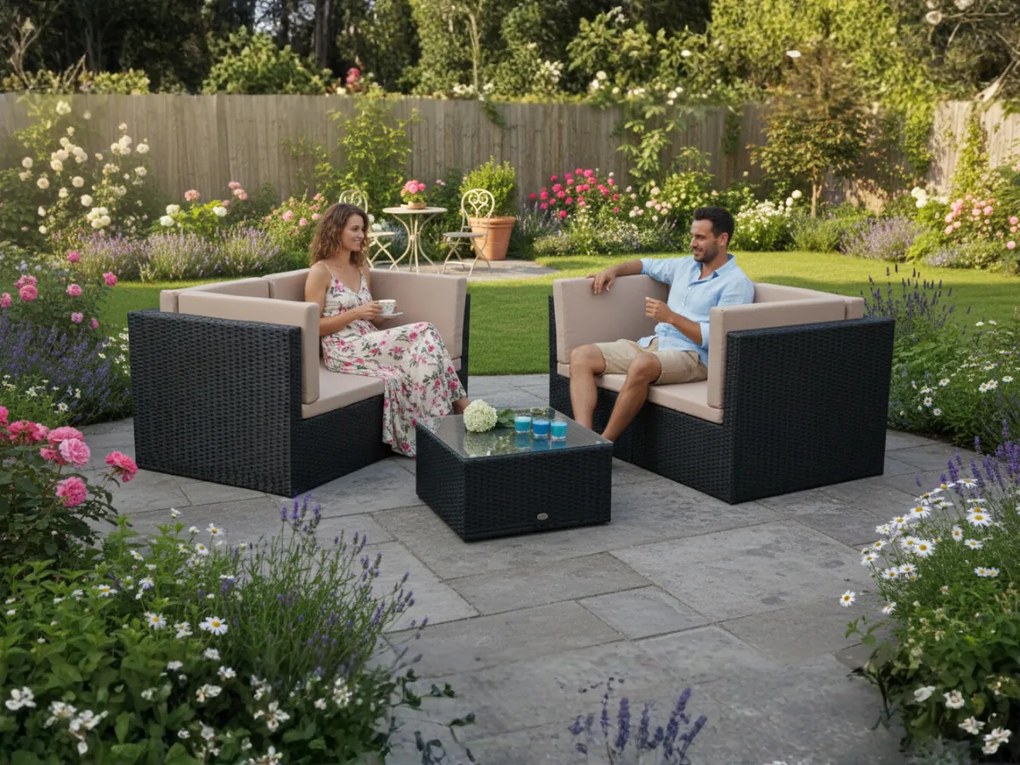 Zestaw sof z czarnego technorattanu (2 x sofa + stolik) TINTO