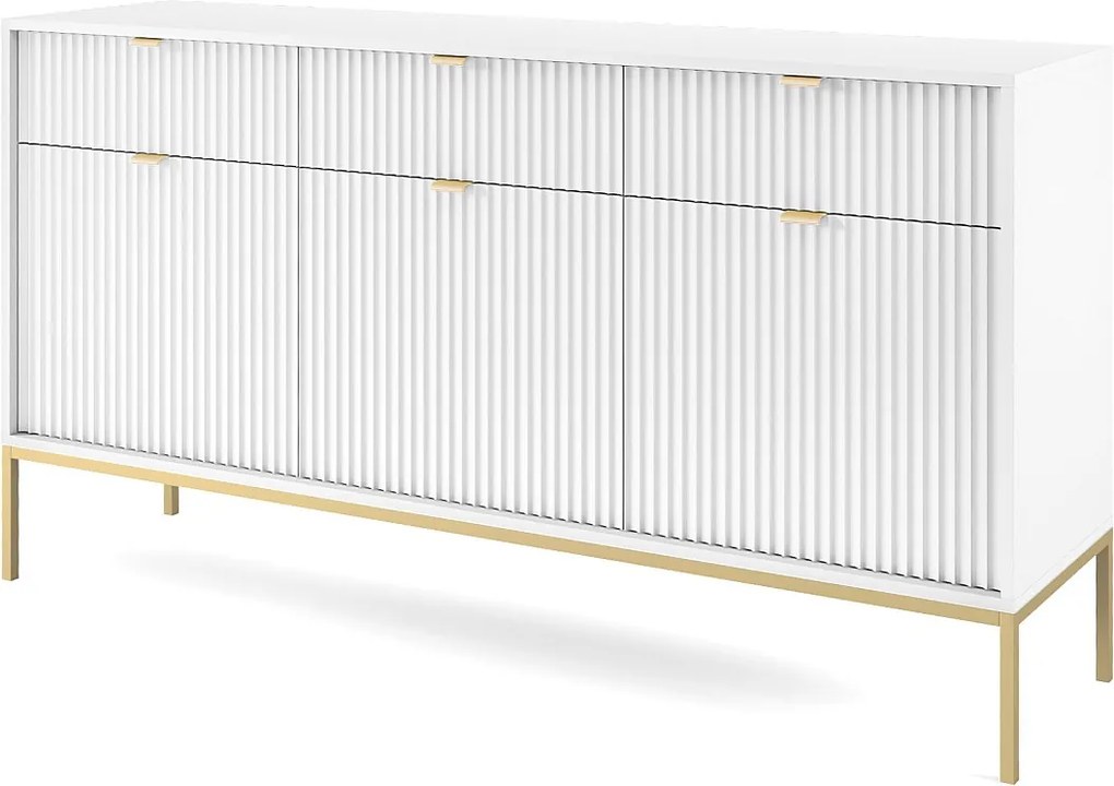 Komoda Elegancka DomoHome NOVA – 154x83x39cm, fasada Geriffelt, złote uchwyty, uniwersalny design, 3 szuflady i 3 drzwi, Biała rama złota