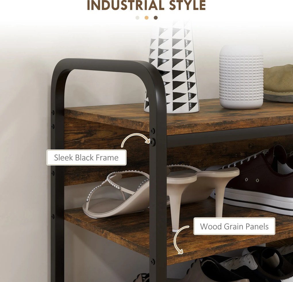 HOMCOM Półka na Buty 8-Poziomowa, Otwarty Design, Rama Metalowa, Regulowane Nóżki, 70x30x65 cm, Brąz/Czarny