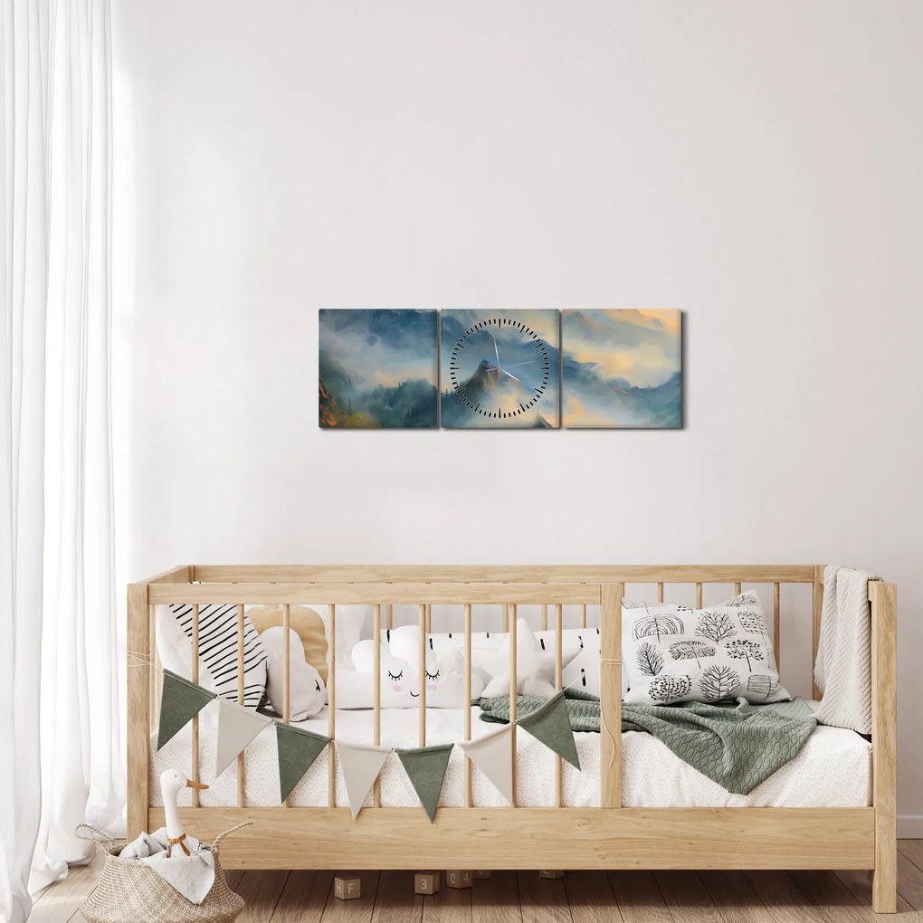 Obraz - Malowany górski krajobraz (z zegarem) (90x30 cm)