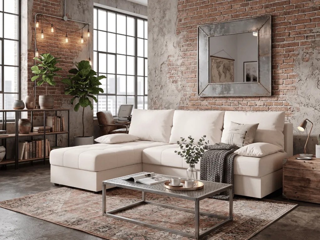 Rozkładana narożna sofa VENORIA SLIM 200x143 cm, kremowa, uniwersalna + 2 poduszki GRATIS