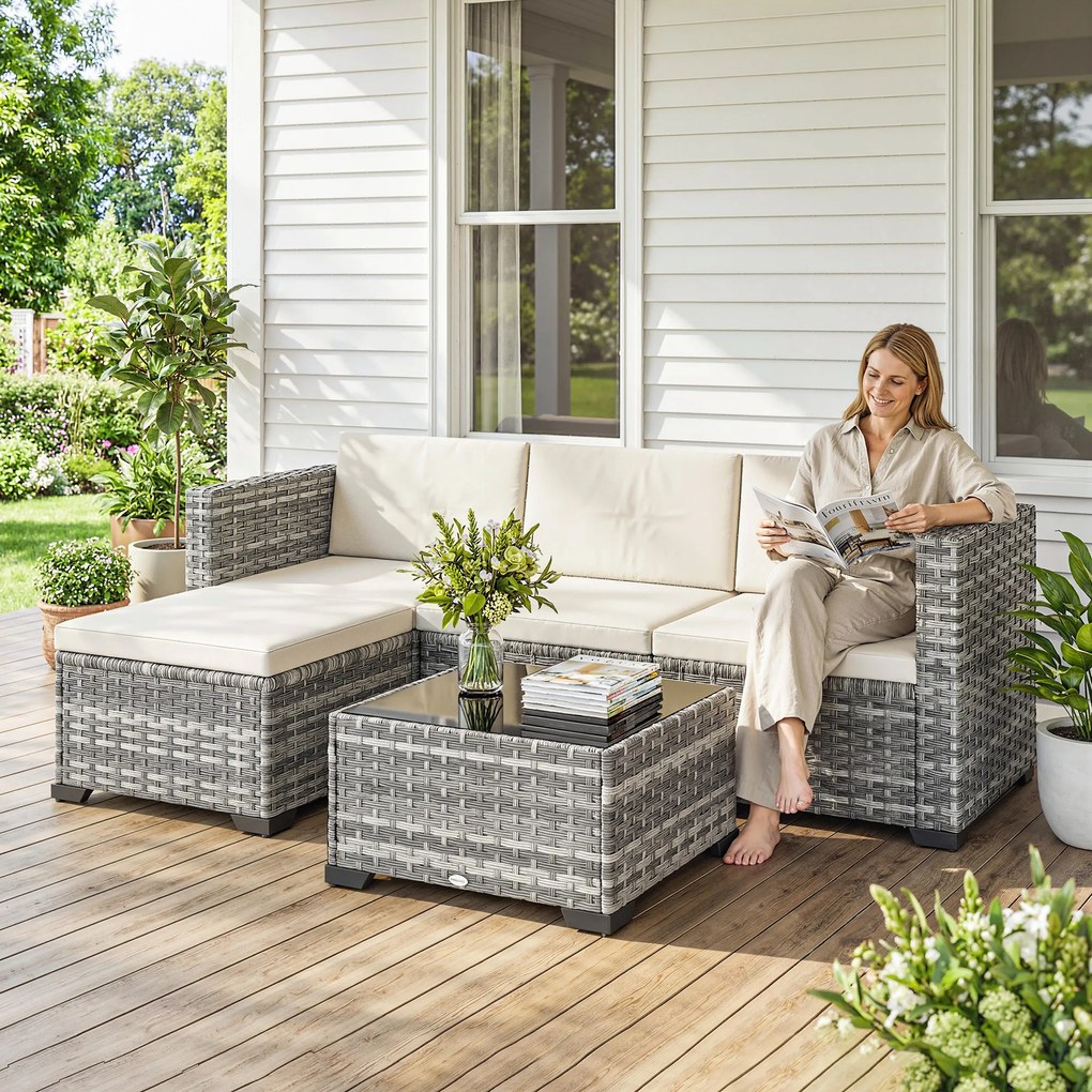 Outsunny Zestaw mebli ogrodowych polyrattan 5 elementów narożna sofa z podnóżkiem i stolikiem kawowym kremowy szary | Aosom PL