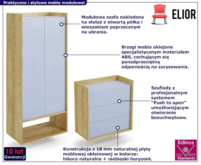 Nowoczesny zestaw modułowy szafa i komoda hikora + niebieski horyzont - Tomox
