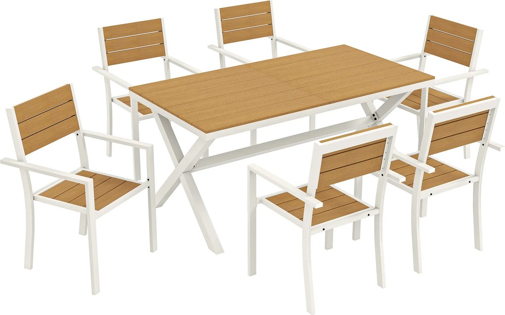 Outsunny Zestaw Mebli Ogrodowych 7-częściowy Stół z 6 Stapelowymi Krzesłami Drewnopodobne Aluminium Teak | Aosom PL