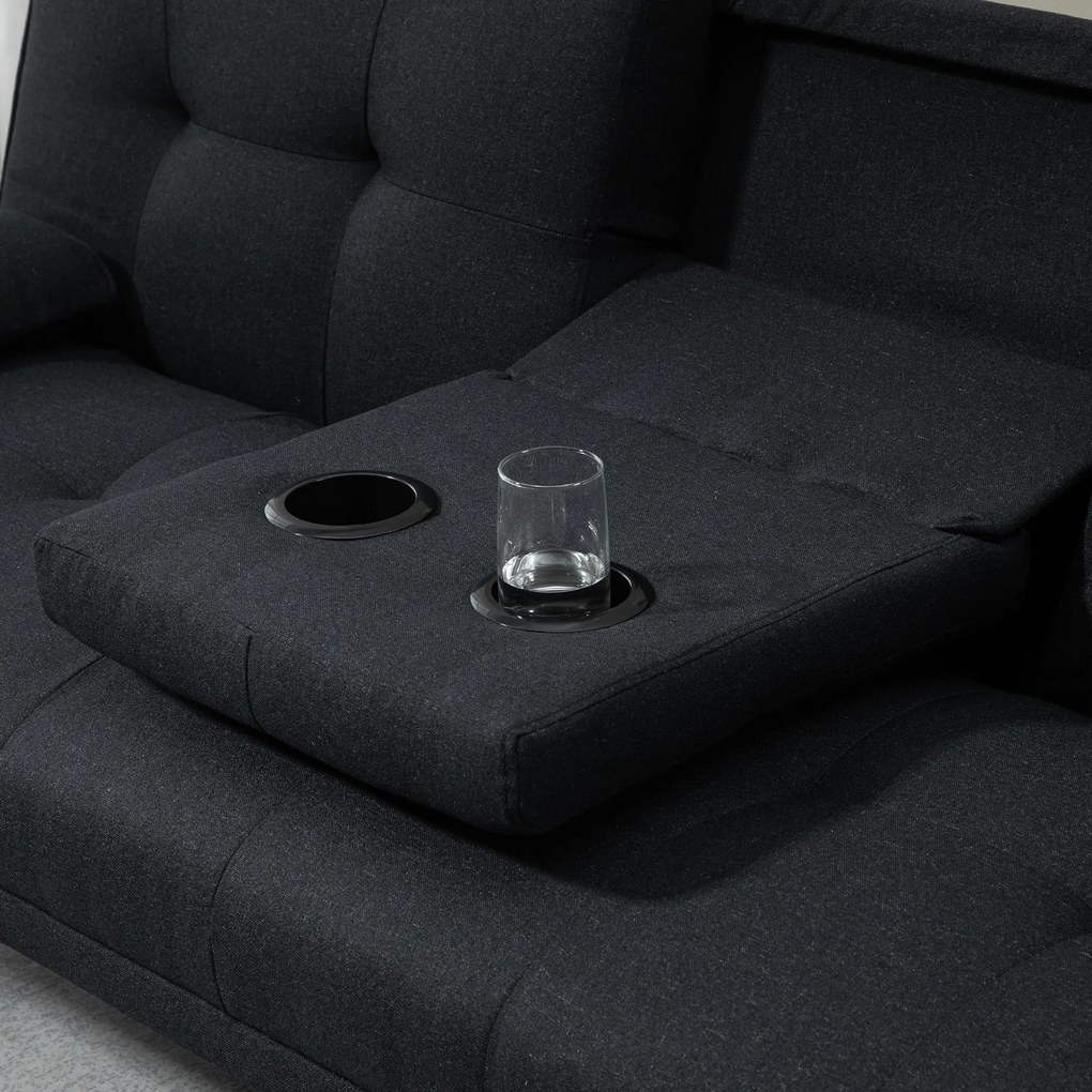 HOMCOM Sofa do spania, rozkładana z regulowanym oparciem, składany stolik, 181x77x78 cm, Szara/Drewno