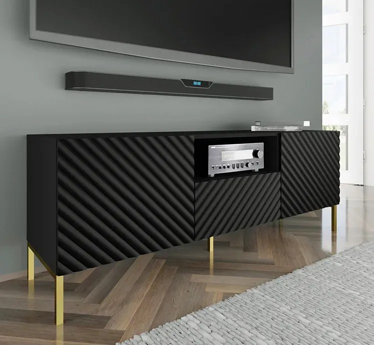 Szafka rtv w stylu glamour czarny mat + złote nóżki N1-E31