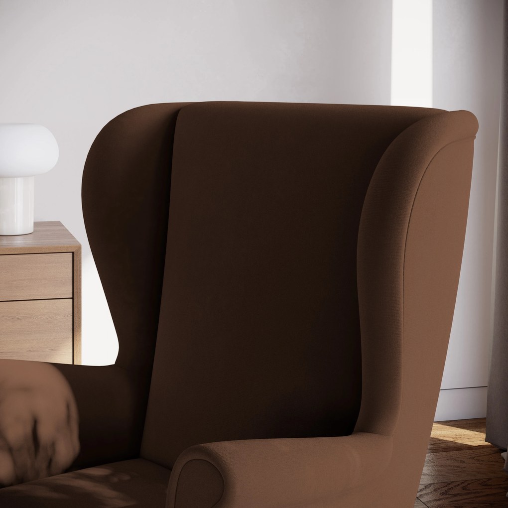 Stylowy fotel LENTIO, tapicerowany brązową tkaniną, ekskluzywny model do salonu