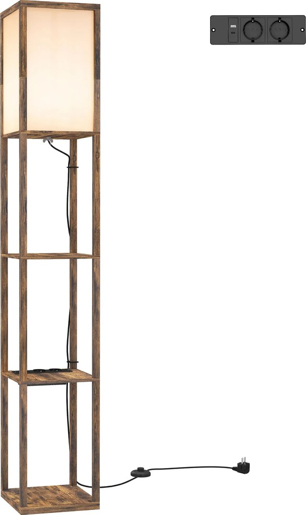 HOMCOM Lampa stojąca LED z półkami, lampa z przełącznikiem nożnym i portami USB, regulowana temperatura barwowa, rustykalny brąz | Aosom PL
