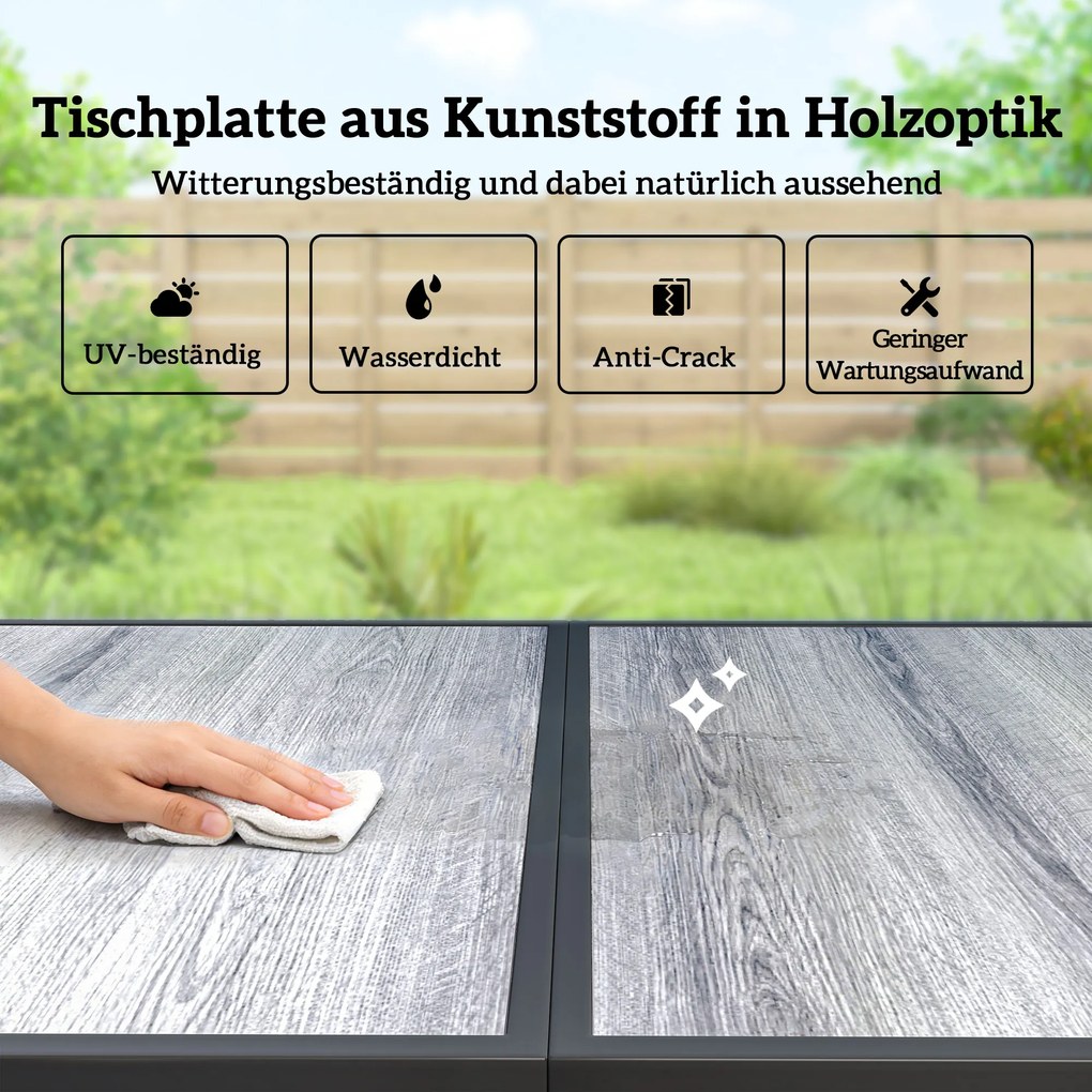 Outsunny Zestaw mebli ogrodowych komplet wypoczynkowy 150 x 80 cm stół z 6 oddychającymi krzesłami wygląd drewna stalowy stelaż Czarny | Aosom PL
