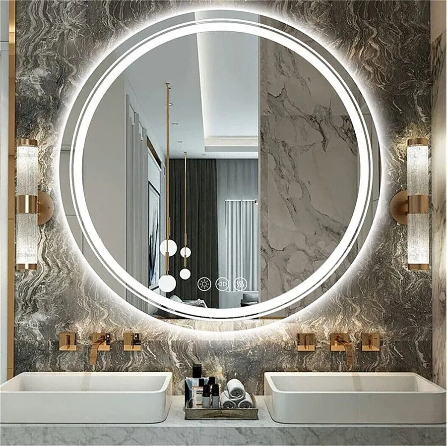 Okrągłe lustro łazienkowe LED 90x90cm trójkolorowe podświetlane lustro ścienne anty-fog 90x90cm