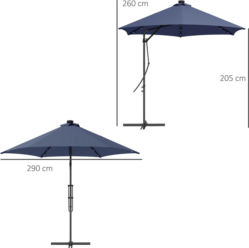 Outsunny Parasol ogrodowy, parasol z lampkami LED, modułem słonecznym, odporny na pogodę, z pokrowcem, Ø290 x 260 cm, Granatowy