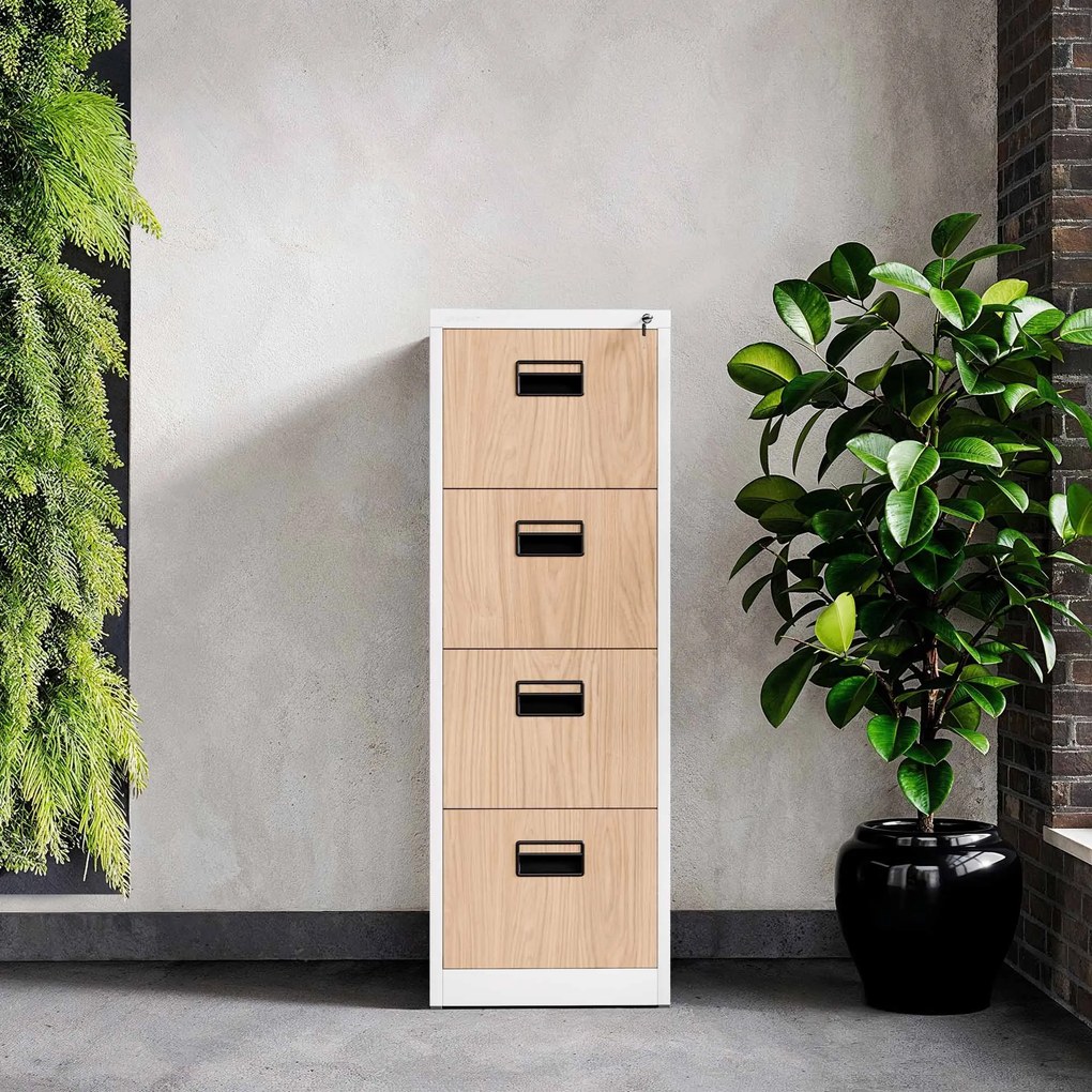 Szafa kartotekowa metalowa z 4 szufladami biała/dąb sonoma, 460x1320x620 mm: SARA Eco Design