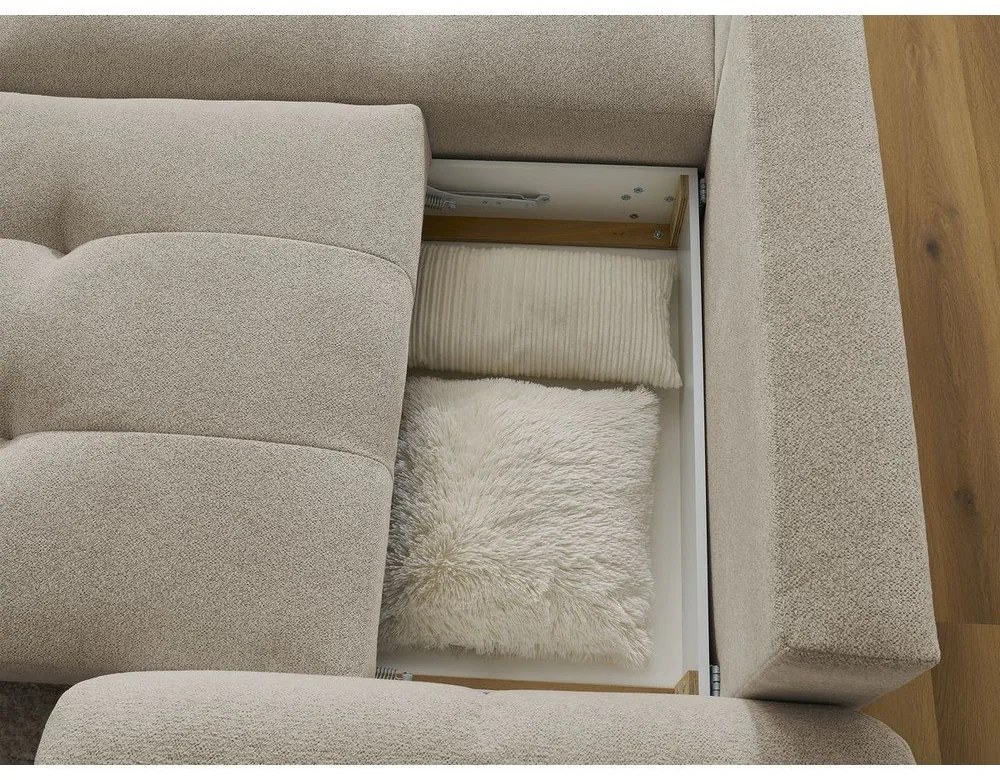 Beżowy rozkładany narożnik z tkaniny szenilowej ze schowkiem (lewostronny/z szezlongiem) Roxelane – Bobochic Paris