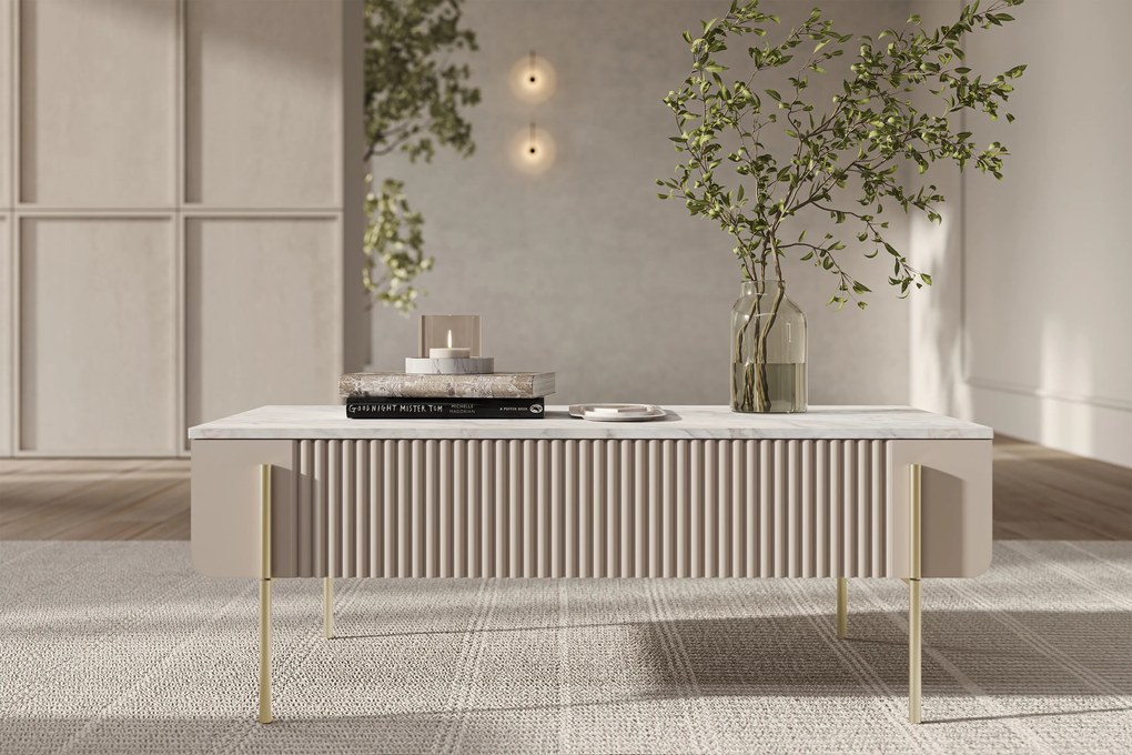 Stolik kawowy Malmi 100 cm z szufladami - kaszmir / crema bianca / złote nóżki