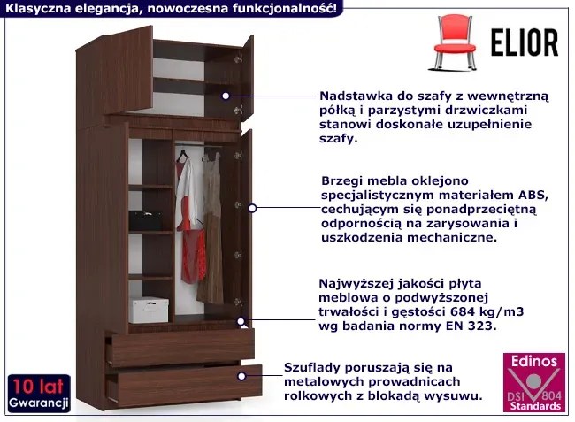 Klasyczna szafa z drążkiem i półkami wenge - Enio 3X