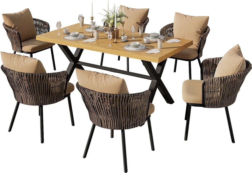 Zestaw mebli ogrodowych z rattanu - stelaż z plecionego żelaza - z poduszkami na siedziska + stół + 6 krzeseł - khaki