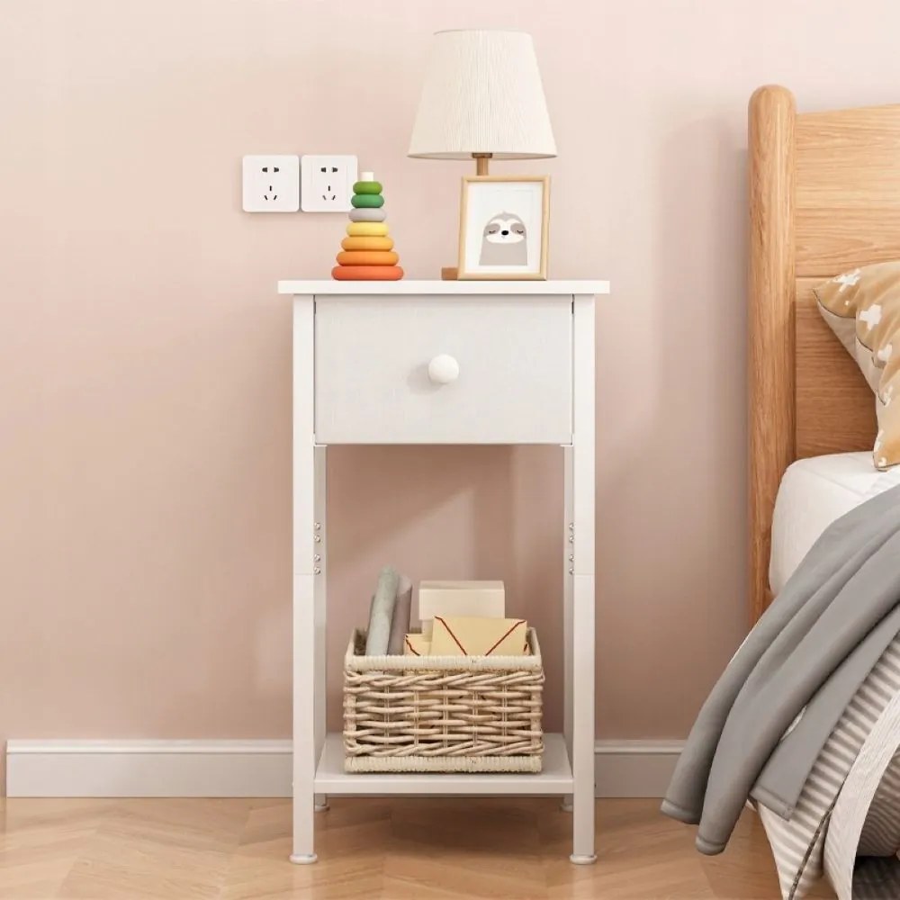 Biała szafka nocna 38x61x28 cm – styl skandynawski z szufladą i półką, MDF