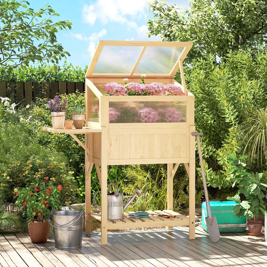 Outsunny Podwyższona grządka z nasadką szklarniową z drewna Skrzynka do sadzenia ze szklarnią składana boczna półka dolna półka Drewno naturalne | Aosom PL