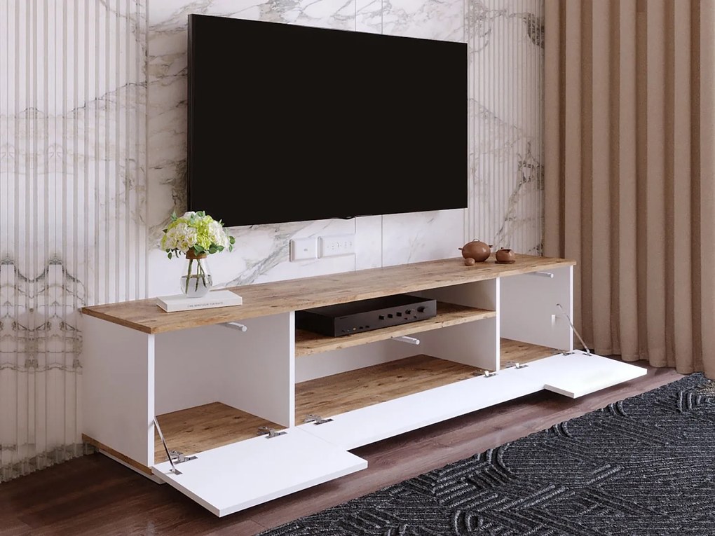 Szafka RTV 3-drzwiowa z 1 wnęką – Biała i jasny naturalna – LOTULA