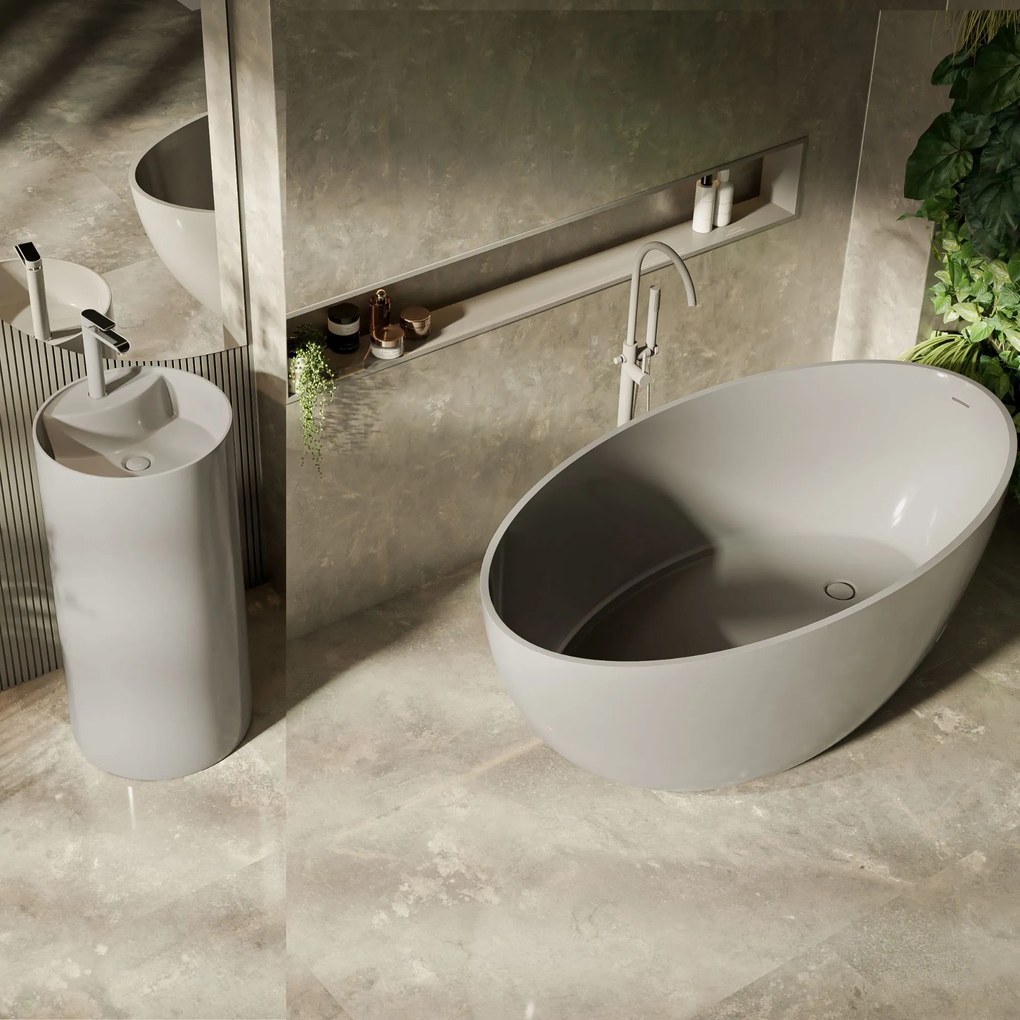 Umywalka z konglomeratu wolnostojąca okrągła szara matowa 87 x 44 cm KALMI GREY MATT z otworem na baterię : Podłączenie syfonu - Do ściany