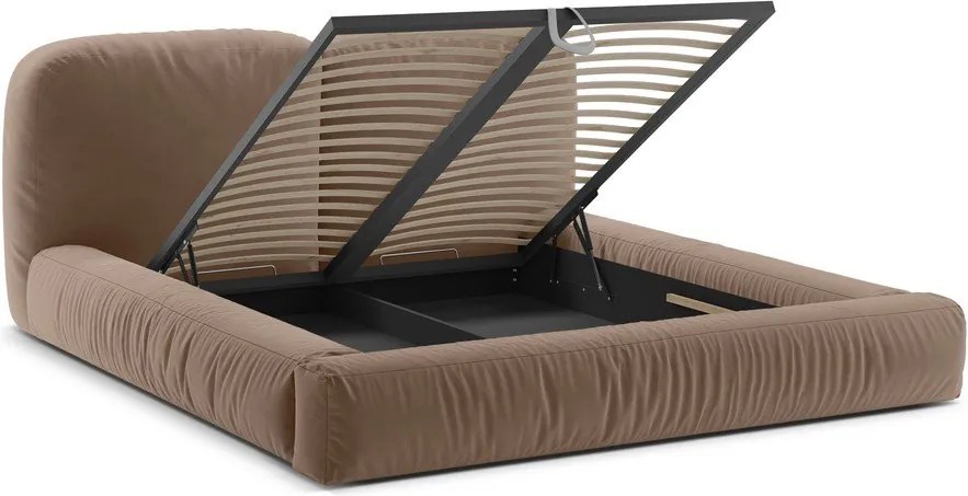 Jasnobrązowe tapicerowane łóżko dwuosobowe ze schowkiem ze stelażem 180x200 cm Martina – Micadoni