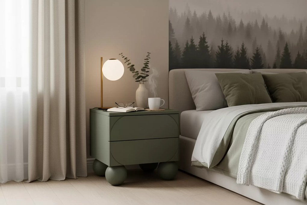 Szafka nocna z dwoma szufladami Sonatia II na nogach kulach 45 cm - oliwka