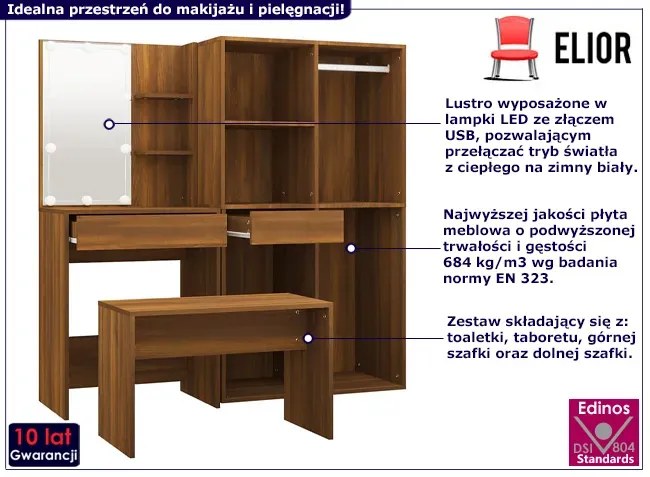 Zestaw z toaletką i oświetleniem LED brązowy dąb - Reeva