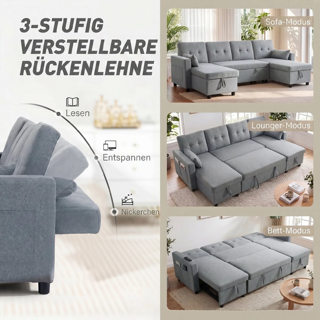 HOMCOM Narożnik z funkcją spania i pojemnikiem na pościel U-kształtny 4-osobowa sofa z szezlongiem, regulowane oparcie, tkanina o wyglądzie lnu | Aosom PL