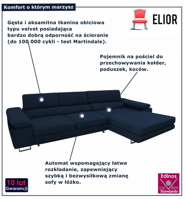 Granatowy narożnik rozkładany z funkcją spania N7-T08