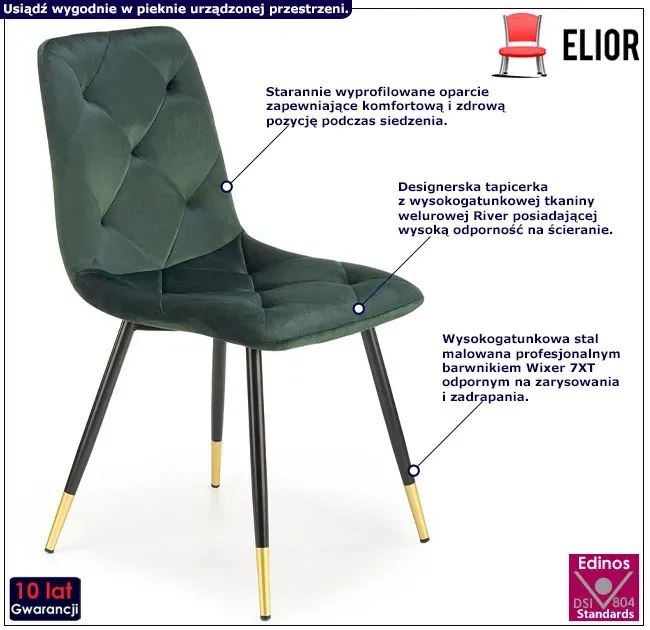 Zielone pikowane krzesło glamour welurowe - Mirabel