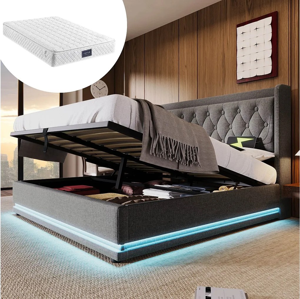 Łóżko tapicerowane dwuosobowe ze schowkiem - 140 x 200 cm - Materac + Leds + Zagłówek z USB - Tkanina bawełniana - Szary