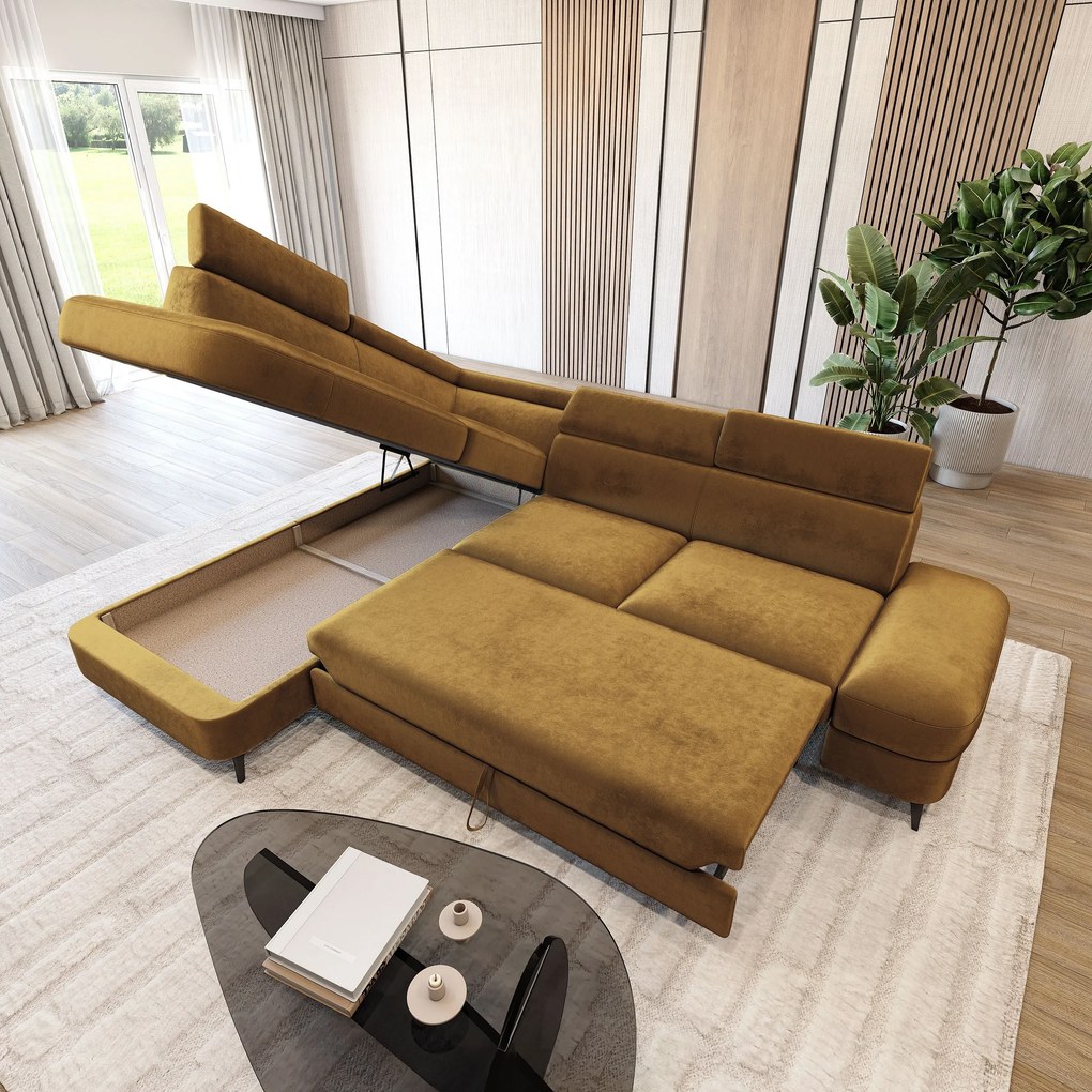 Masseno Narożnik AVISE z funkcją spania i pojemnikiem na pościel Narozniki L, Rozkładana sofa - Żółty, MONOLITH 48