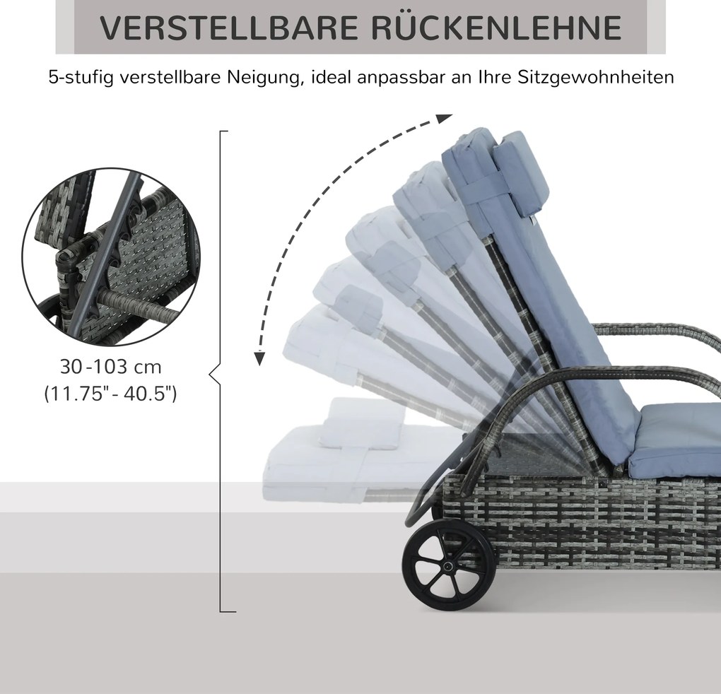Outsunny leżak ogrodowy, leżak rattanowy, leżak do opalania, rattan polietylenowy+metal, kolor szary, 200x73x30-103cm