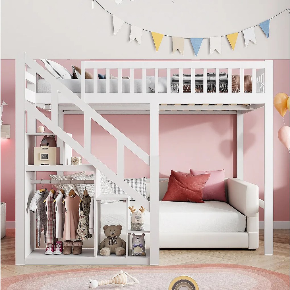 Łóżko piętrowe dla dzieci z litego białego drewna z wbudowanymi schodami ze schowkiem, zabezpieczenie przed upadkiem, 90x200 cm, nowoczesny design