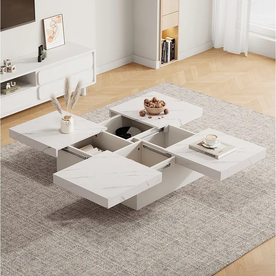 Stolik kawowy kwadratowy z 4 szufladami - 90 x 90 x 25 cm - Blat przesuwny - Płyta wiórowa - Biały