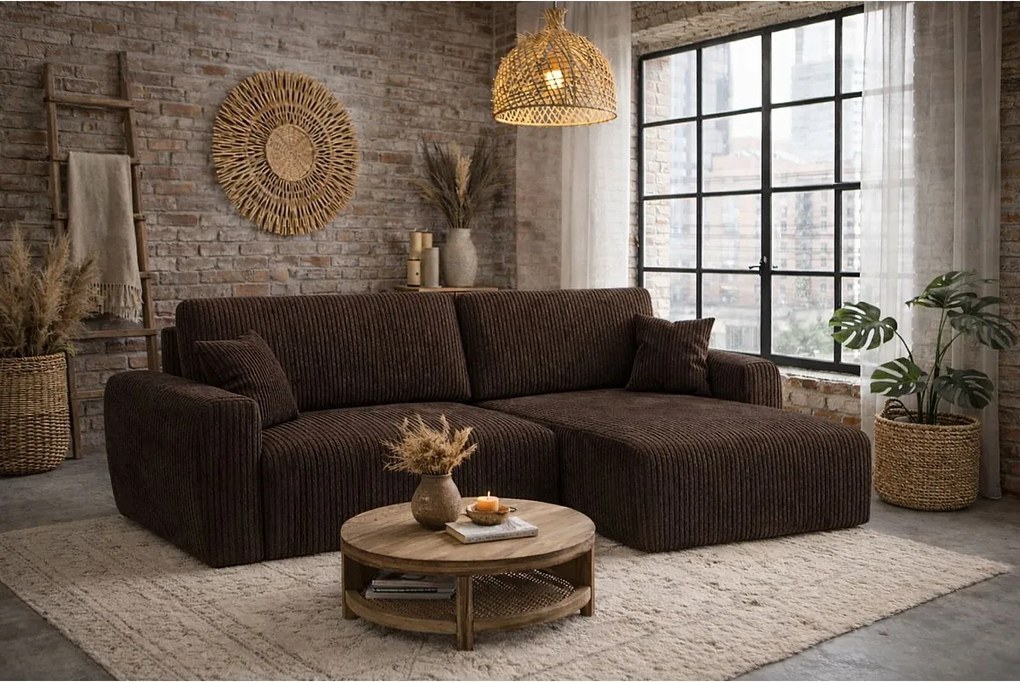 Narożnik z funkcją spania i pojemnikiem Ariel XL, tkanina sztruksowa Poso, Brązowy, Prawy